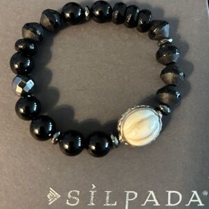 Silpada Black Beaded Bracelet Hematite, Agate and Pyrite, Silver Accents B3169